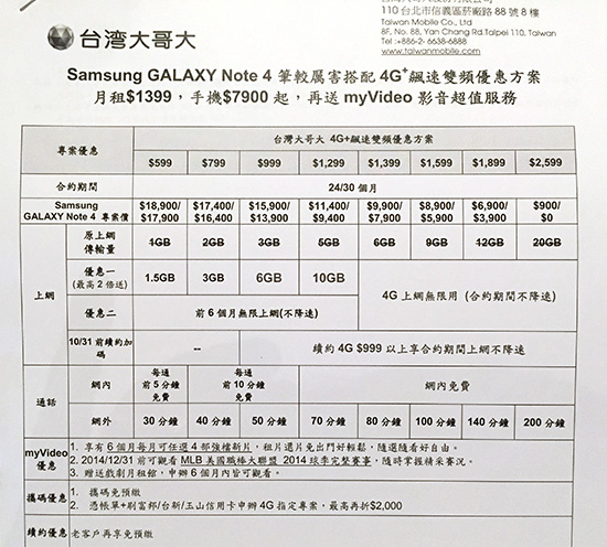 Galaxy Note 4 搭配台灣大哥大資費