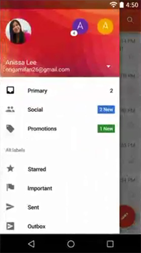 左上方狀態列點出後,可以看到信箱帳號資訊、信箱分類等