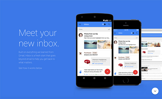 Google 新推出的 Inbox 電子郵件界面，畫面擷取自 Google 官方網站