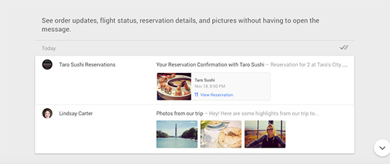 可以直接在郵件列表裡頭顯示照片、影片等附件檔案，畫面擷取自 Google 官方網站