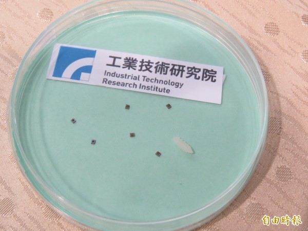 酒精感測晶片(黑點),尺寸只有一顆米(右)粒的1/40大小。(記者蔡文居攝)