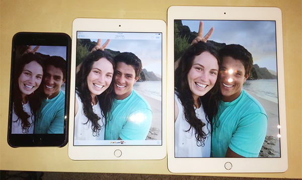 Apple 大尺寸家族正面比較：5.5 吋的 iPhone 6 Plus （左）、iPad Mini 3（中）、iPad Air 2（右）
