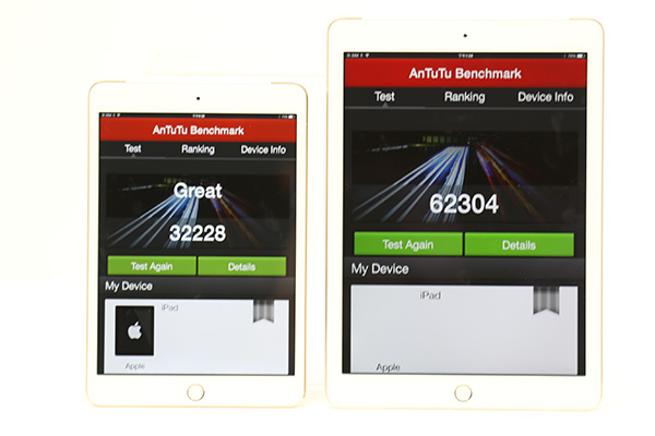iPad Air 2(右)與 iPad Mini 3(左)的 Antutu 5.0 的跑分數據