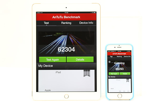 iPad Air 2 (左)與 iPhone 6(右) 效能比較,可看出搭載 A8X 處理器的 iPad Air 2 較搭載 A8 處理器的 iPhone 效能也有顯著的領先