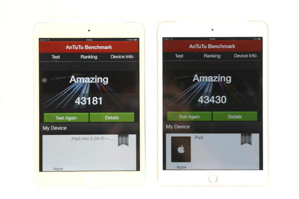 iPad Mini 3 (右)與舊款 iPad Mini 2(左) 效能比較,可看出差異並不大(跑分為重新測試結果)