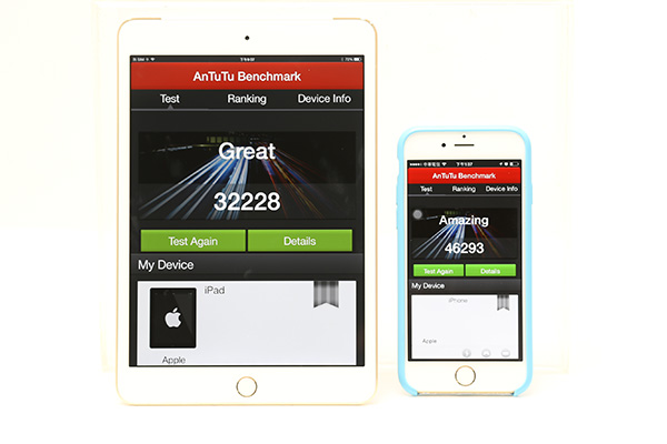 iPad Mini 3 (左)與 iPhone 6 (右)效能比較