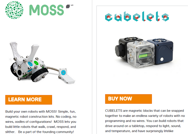 Cubelets & Moss 模組機器人是由 Modular Robotics 公司生產,標榜組裝機器人也可以像玩積木一樣簡單、有趣、靈活。(圖片來源:Modular Robotics官方網站)