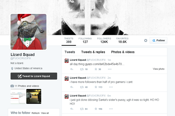 駭客團體 Lizard Squad 在 Twitter承認犯行。(圖片來源:Twitter)