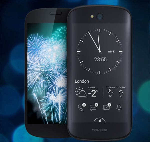 具有特殊雙螢幕設計的 YotaPhone 2 手機,畫面擷取自 YotaDevice 網站