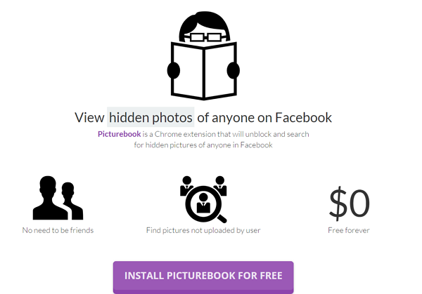Picturebook 是一款 Chrome 瀏覽器的擴充功能,該應用程式宣稱使用者「能看到任何人臉書上的照片─就算沒有朋友關係也 OK。」(圖片來源:PictureBook)
