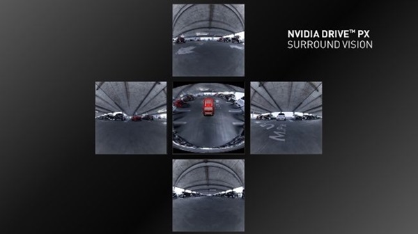 NVIDIA在CES展前記者會發表DRIVE PX自動停車電腦,透過強大影算運算能力與12個HD鏡頭環景影像運算,可以自己去找車位泊車。(NVIDIA提供)