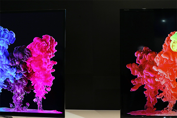 即便是跟 Sharp 自家著名的 AQUOS 面板電視(右)相較,左方的量子點電視在畫面上仍更上一層