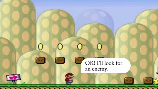 馬利歐說「來去找敵人吧!」(截取自Mario Lives影片)