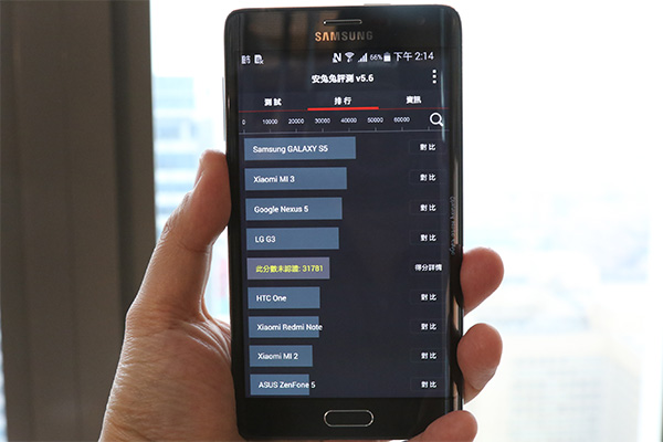 可以看出 Note Edge  的效能測試結果落在 LG G3 與 HTC One 間