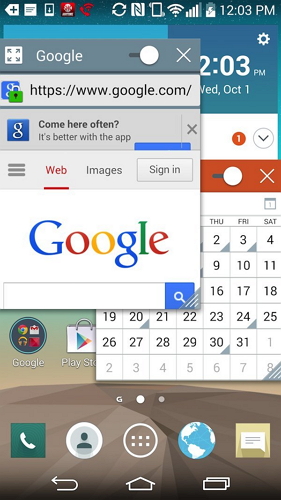 某些少數的Android手機能夠同時開啟數個app,如LG手機可以同時在同一個頁面中開啟好幾個應用程式。(圖片來源/Business Insider)