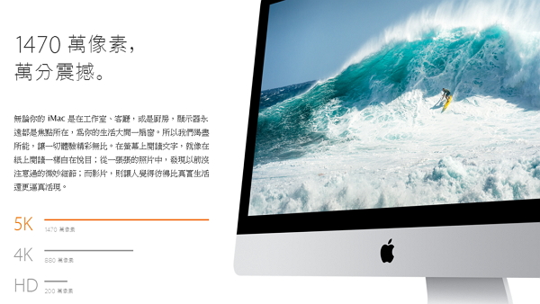 蘋果最精細的 27 吋 iMac 有 5120 X 2880 的 5K 解析度， ppi 達 218 ，而 8K 螢幕 ppi 則高達 326ppi 。（圖片來源／蘋果）