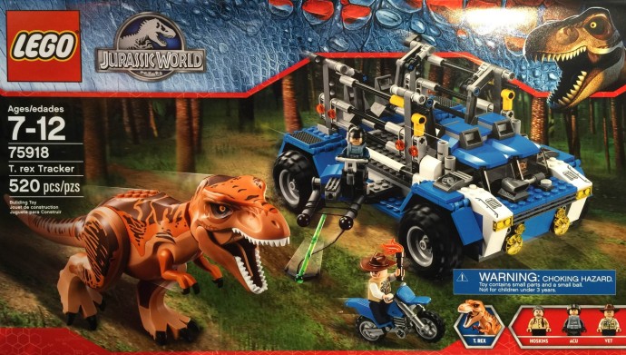 「 The T. Rex Tracker 」要價 69.99 美元,組合內有一台裝有支架的四輪卡車、主角霸王龍、四個樂高人偶分別使用火炬棍、繩槍與機關槍來制服牠。(圖片來源/網路)