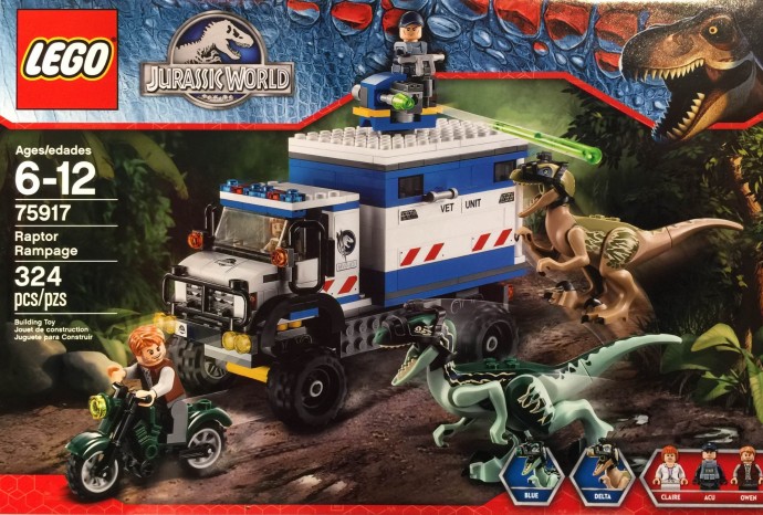 「 The Raptor Rampage 要價 49.99 美元 」,組合內有電影中的主角-研究迅猛龍的恐龍專家 Owen 、Owen 的摩托車、醫療救護車、醫療救護員、ACU 警察與兩隻兇猛的迅猛龍。(圖片來源/網路)