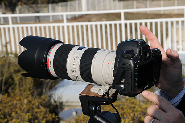 採用將 5Ds 置放在腳架上，利用快門線觸發拍攝的方式進行實拍