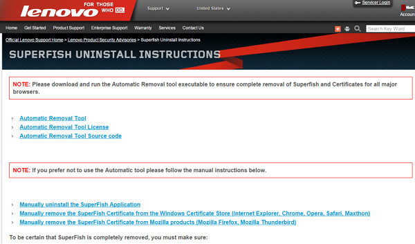 若是不幸中招，則可以儘快至聯想官方網站下載對應的移除工具來救援。（圖翻攝自聯想官方網站）

