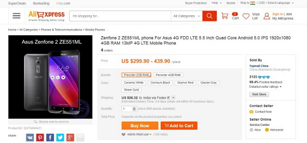 日前中國阿里巴巴旗下 AliExpress 開始接受 ZenFone 2 的預定,不過就有買家發現,預定價格竟從 299 美元起跳。(圖片來源/AliExpress)