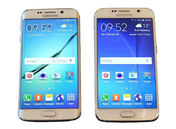 S6(右)和S6 Edge(左)除了後者具備曲面螢幕、觸控回覆,其他功能大致相同。(記者吳佩樺攝)