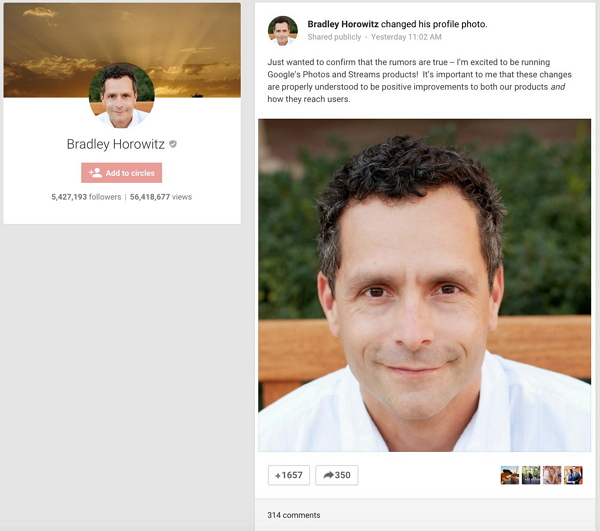 原先Google+的負責人為David Besbris，但因他日前已離職，所以目前則由Google+產品資深副總裁Bradley Horowitz接任一要職。（圖片來源／Google+）