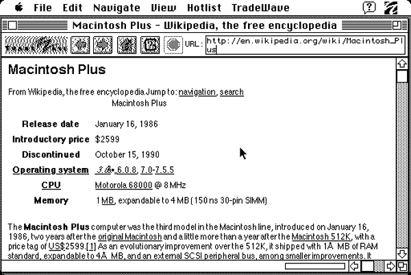 Mac Plus 連接上網成功!圖為用 Mac Plus 顯示的維基百科。(圖片來源/The Kernel)
