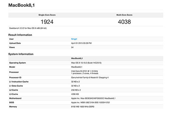 在 GeekBench 上面測試的結果,Macbook 的效能跑分並不優異,畫面擷取自 Appleinsider 網站