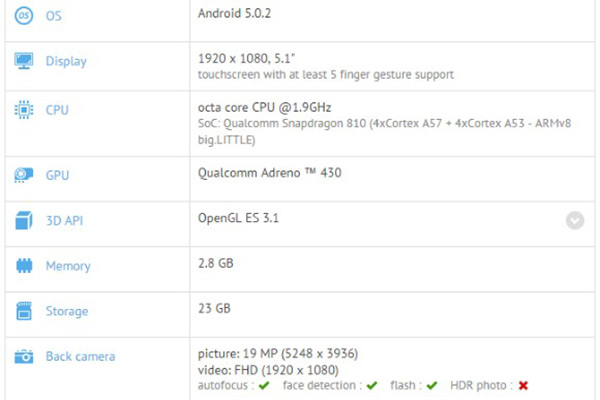 先前流出的 Xperia Z4 規格,畫面擷取自 GSMArena 網站