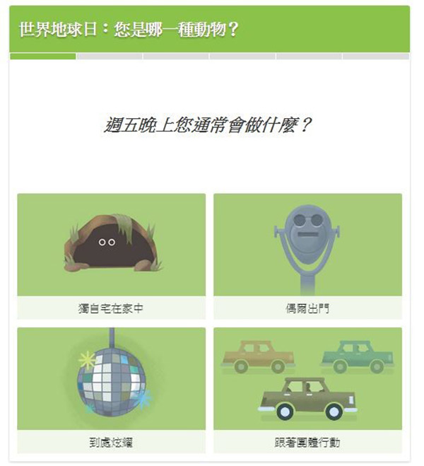 用戶若是點擊地球,就會連結到心理測驗頁面,可以了解你是哪一種個性的動物。(圖擷取自Google)