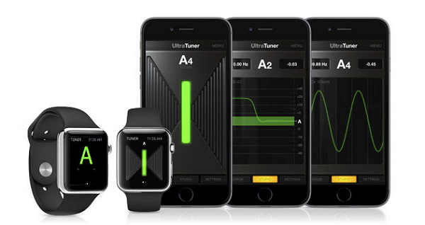 用戶若選擇了「Stage」模式,較小視窗的半音階調整器便會出現在 Apple Watch 顯示螢幕上。(圖片來源/IK Multimedia)