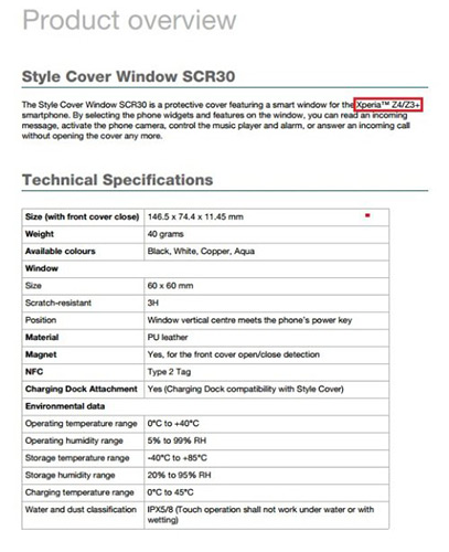 原廠翻蓋配件 SCR30 的使用說明書,紅框部分可見 Z4/Z3+ 的字樣,畫面擷取自 Xperiablog 網站