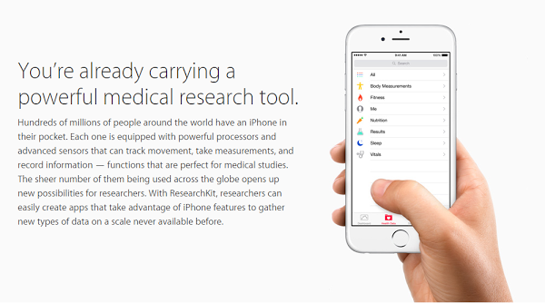 。ResearchKit 是一個開源軟體框架,主要是要幫助開發者、研究員能透過iPhone 龐大的用戶基礎和先進感測器來收集數據做醫療研究。(圖片來源/蘋果官方網站)
