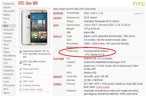 雖然 HTC 官方網站上並未清楚指出 M9 就是使用康寧第四代玻璃,但許多國外科技網站實際評測後,都證實 M9 確實使用了康寧第四代玻璃。(圖片來源/GSMARENA)