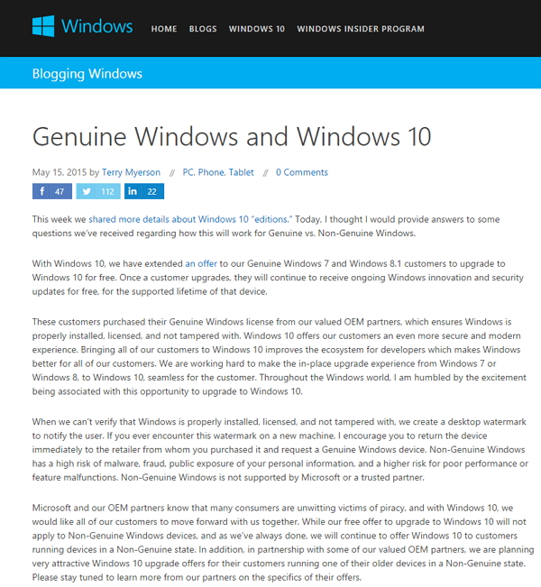 微軟在官方部落格發表「正版Windows與Windows 10」一文。(圖片來源/微軟)