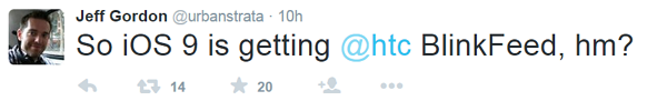 Jeff Gordon 在其 Twitter 上發文表示,iOS 9 介面越來越像 HTC 的個人首頁 BlinkFeed 了。(So iOS 9 is getting@htc BlinkFeed, hm?)。(圖片來源/Twitter)