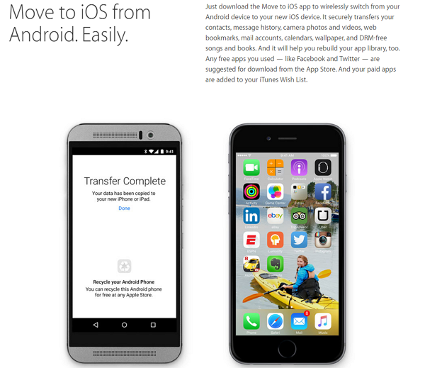 用戶只需要先下載「Move to iOS」App,就可以將 Android 手機上的資料無線轉到 iPhone 上。(圖片來源/蘋果)