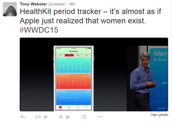 蘋果一名主管在其 Twitter 上嘲諷道「蘋果終於意識到這個世界上還有女人」（It's almost as if Apple just realized that women exist.） （圖片來源／Twitter）