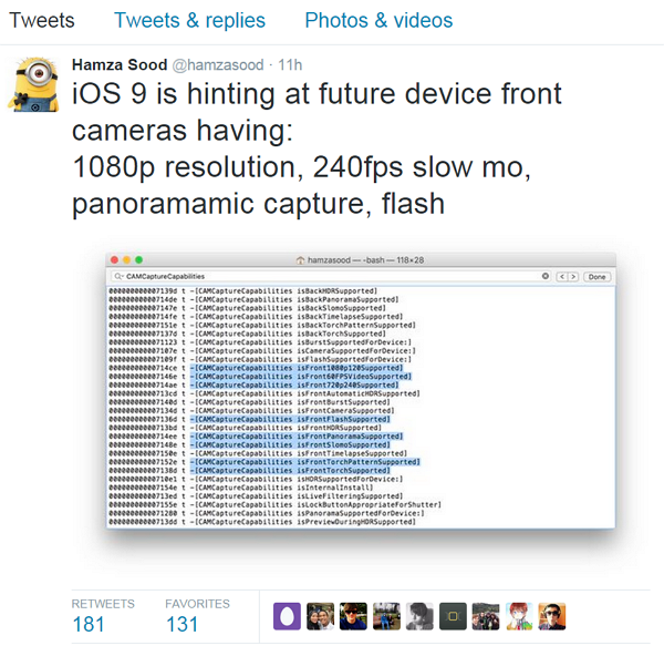 開發者 Hamza Sood 在其個人 Twitter 上透露,他從 iOS 9 的相關編碼中發現了一些目前沒有的新功能。(圖片來源/Twitter)