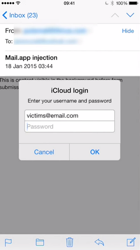 如果你使用的是 iOS 8.3 原生內建的郵件 App，在登入時被要求提供憑據時，可要先三思一下。（圖片來源／Youtube）