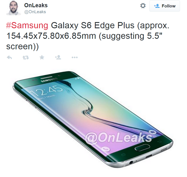爆料達人爆出宣稱就是 Galaxy S6 Plus 的諜照。(圖片來源/Twitter)