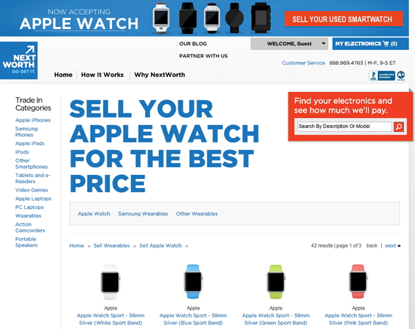 當進入 NextWorth 二手交易平台後,會發現最頂端永遠有著一條 Apple Watch 的廣告,而且是主打收購的廣告,用戶可以透過這個平台換取一定的現金。(圖片來源/NextWorth)