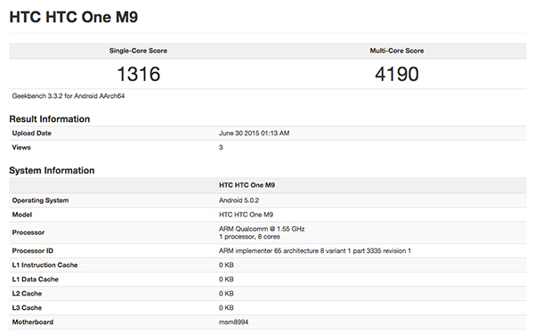 採用前代 S810 處理器的 HTC M9 在 GeekBench 的跑分成績