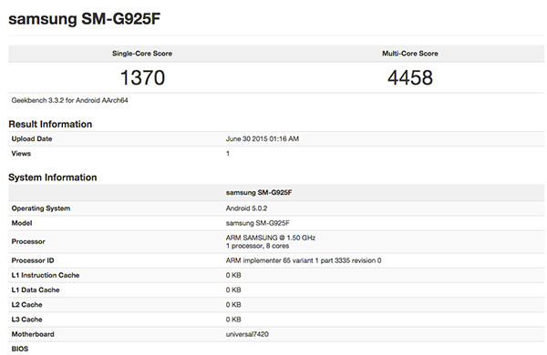 採用 Samsung Exyons 7420 處理器的 Samsung Galaxy S6 Edge GeekBench 跑分成績