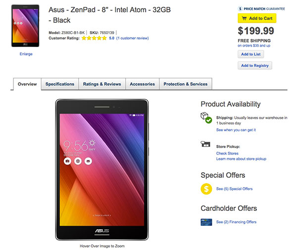 ZenPad S 8.0 已經在美國開賣，打出199.99 美元的低廉售價（圖片來源／擷取自 Bestbuy 網站）