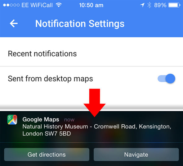 只要點選 Send to device 按鈕,就可讓用戶在電腦搜尋地圖資訊後,即時傳送至 Android 手機或平板,非常方便。(圖片來源/Express.co.uk)