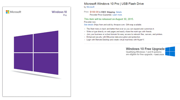 目前 Windows 10 家用版與專頁版的 USB 隨身碟安裝版都已經上架(圖片來源/Amazon)