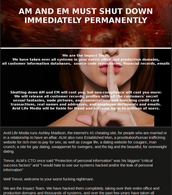 駭客「The Impact Team」揭露了該網站承諾刪除用戶個資的謊言（圖片來源／ashleymadison）