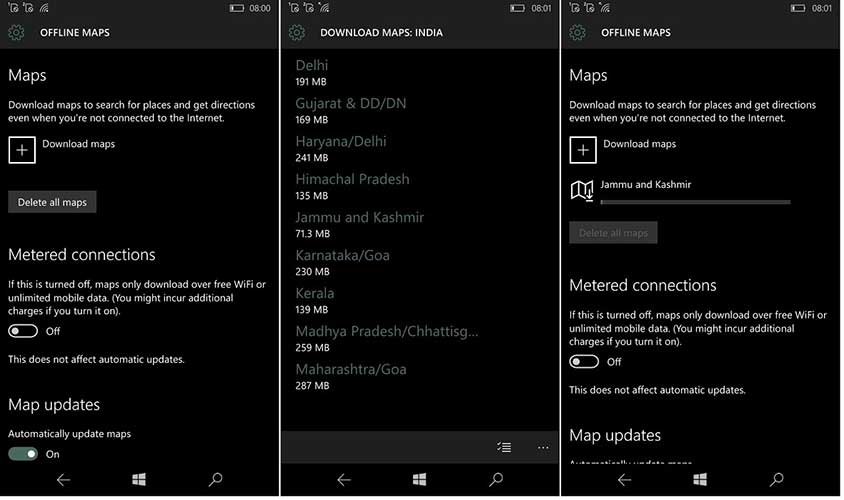 在 Windows 10  Mobile 的控制台中,可選擇是否離線下載、下載的地圖區域以及下載設定等(圖片來源/擷取自 nokiapoweruser 網站)